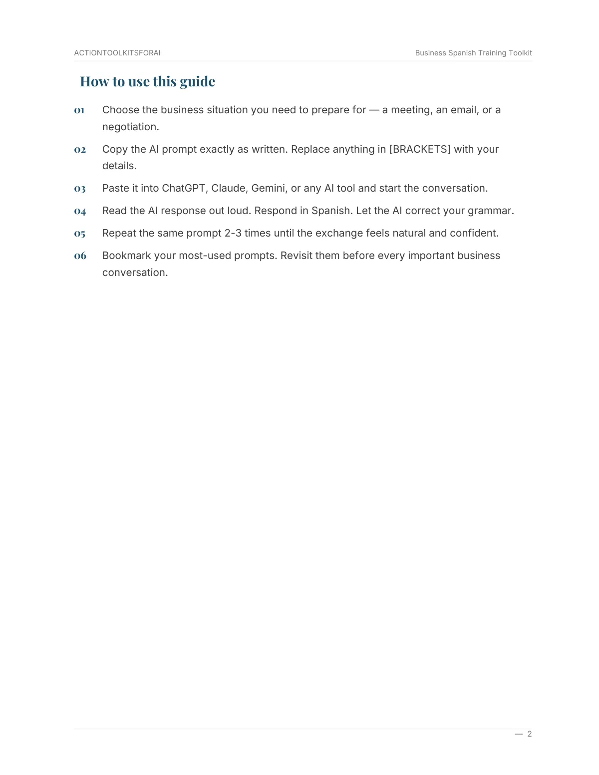 Real page from Business Spanish Training Toolkit — page 3