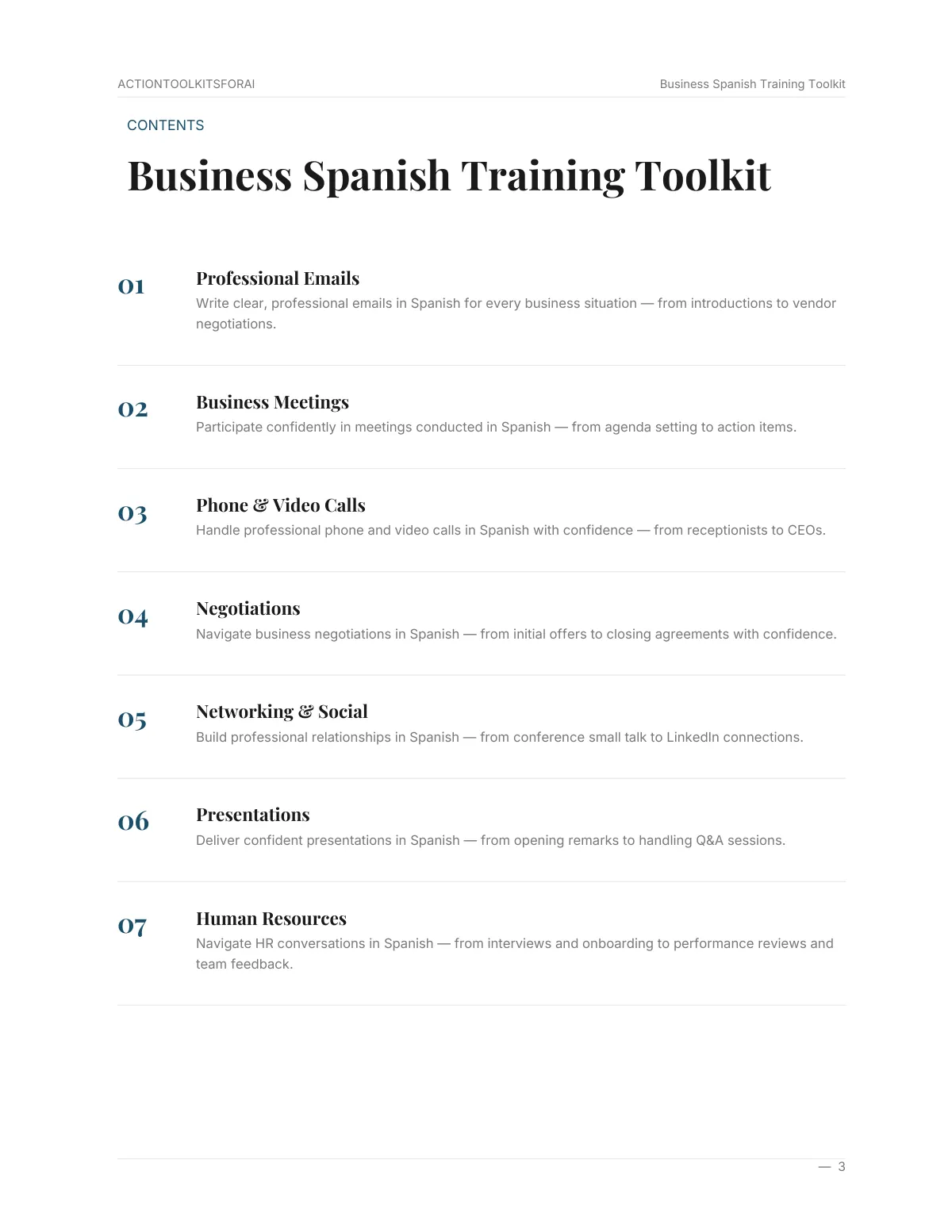 Real page from Business Spanish Training Toolkit — page 3