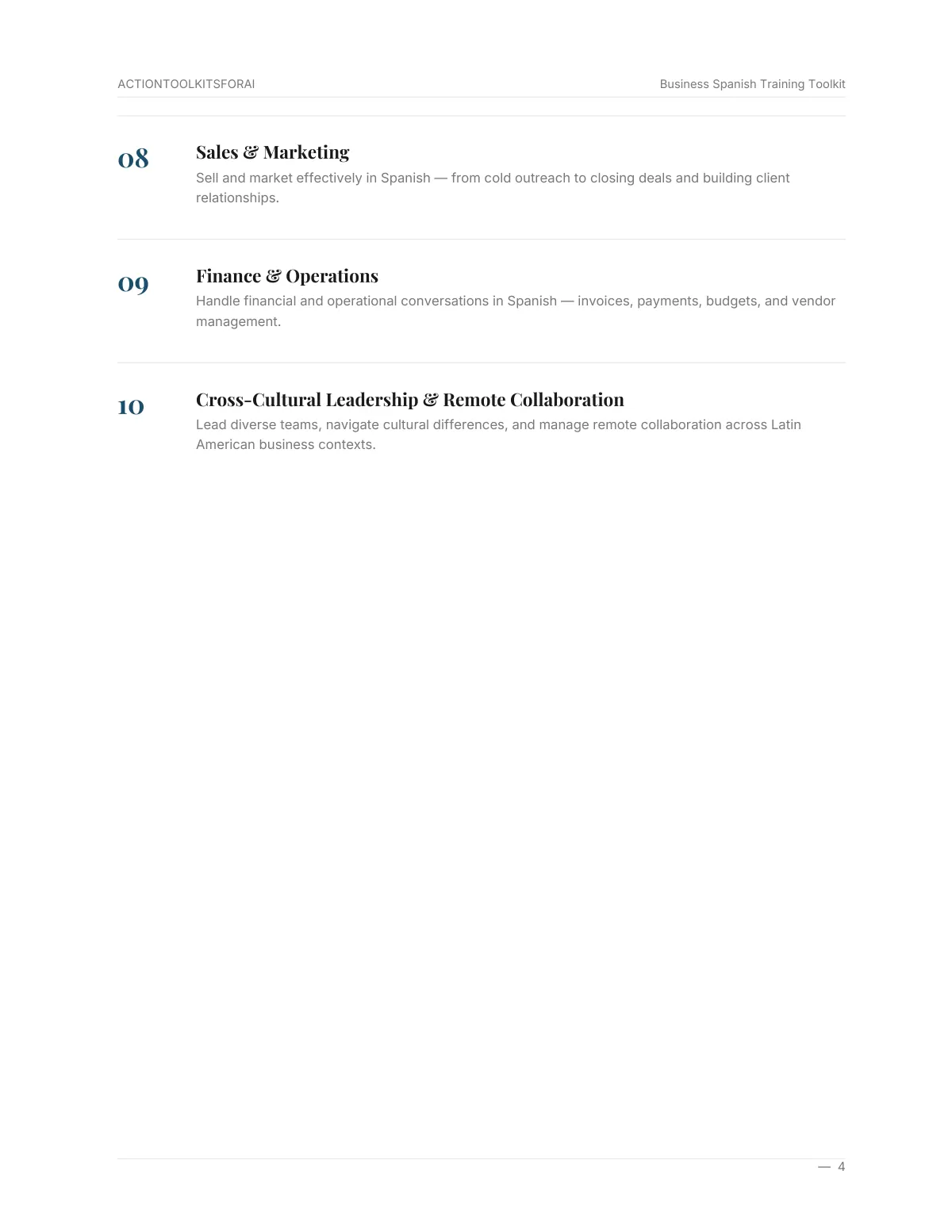 Real page from Business Spanish Training Toolkit — page 4