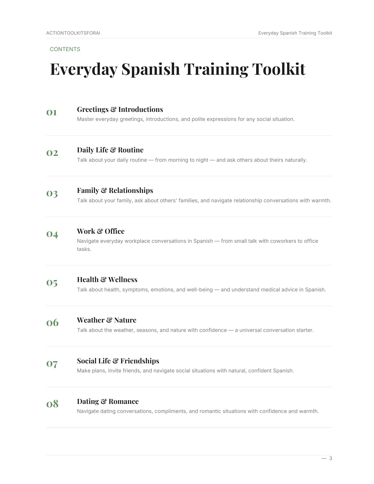 Real page from Everyday Spanish Training Toolkit — page 3