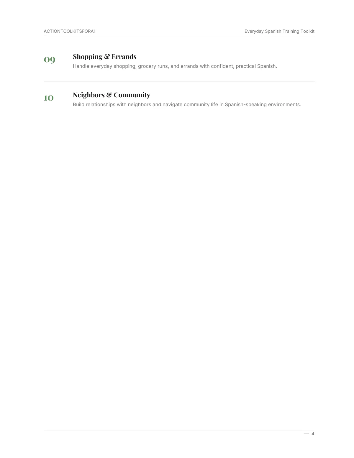 Real page from Everyday Spanish Training Toolkit — page 4